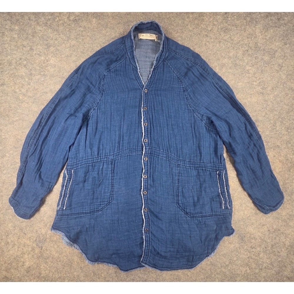 Free People We The Free Blue Cotton Gauze Raw Edge Button Down Shirt Small